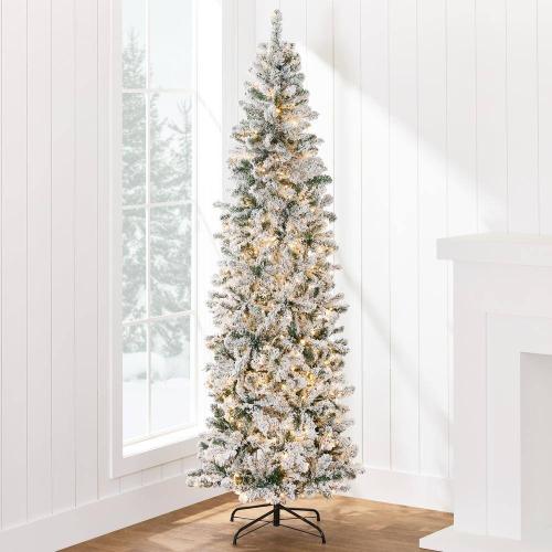 9 ft. Pre-Lit Incandescent Snow Flocked Pencil Artificial Christmas Tree with 500 Clear Lights