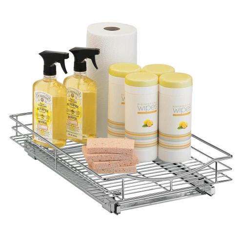 Slide Out Cabinet Organizer - Pull Out Under Cabinet Sliding Shelf - 11 in. Wide x 18 in. Deep - Chrome