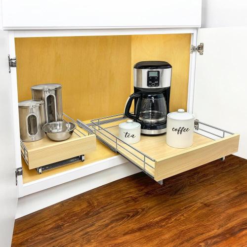 Slide Out Wood Cabinet Organizer - Pull Out Under Cabinet Sliding Shelf - 11 in. x 21 in. - Wood and Chrome