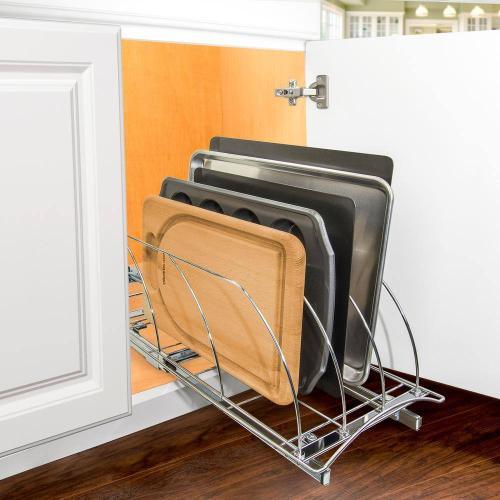 Slide Out Cutting Board Bakeware and Tray Organizer - Pull Out Kitchen Cabinet Rack 10 in. W x 21 in. D - Chrome