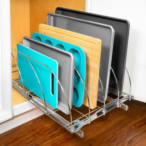 Pull Out Cutting Board, Cookie Sheet, Baking Pan Organizer, Lifetime Ltd. Warranty, 14W x 21D, Chrome