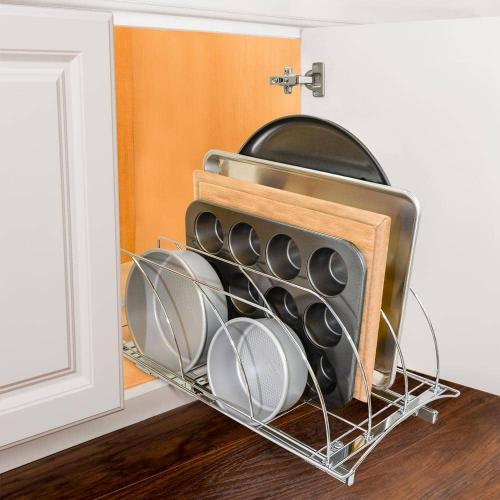 Slide Out Cutting Board Bakeware and Tray Organizer - Pull Out Kitchen Cabinet Rack 10 in. W x 21 in. D - Chrome