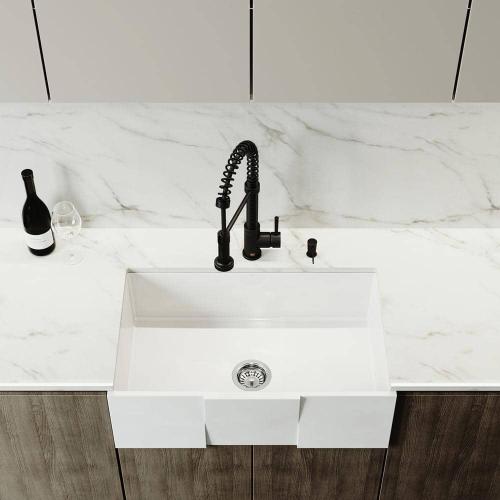 Matte Stone White Composite 30 in. Single Bowl Farmhouse Apron-Front Square Kitchen Sink with Strainer