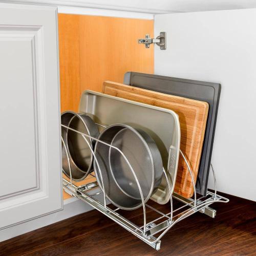 Slide Out Cutting Board Bakeware and Tray Organizer - Pull Out Kitchen Cabinet Rack 10 in. W x 21 in. D - Chrome