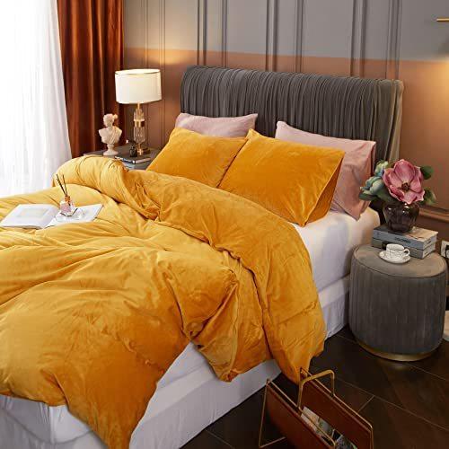 Ivellow Velvet Duvet Cover Queen Set Gold Velvet Duvet Cover Queen Velvet Comforter Cover 3Pcs Ultra Soft Duvet Cover Breathable Solid Luxury Flannel Velour Duvet Cover Zipper Closure Corner Tie