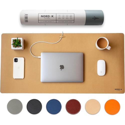 Nordik Leather Desk Mat Cable Organizer (Champagne Beige 35 X 17 inch) Premium Extended Mouse Mat for Home Office Accessories - Non-Slip Vegan Leather Desk Pad Protector & Desk Blotter Pad