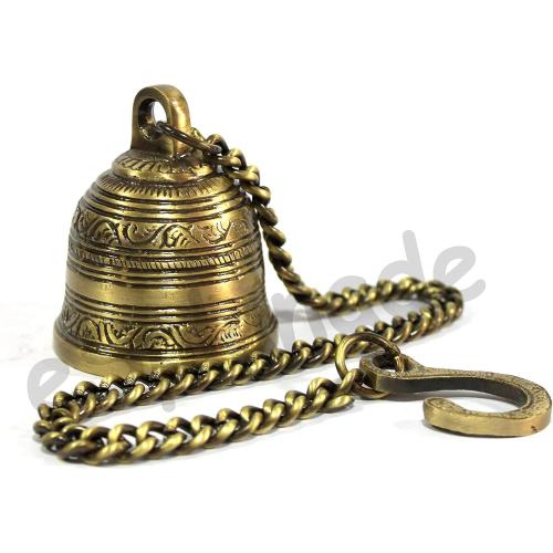 Ethnic Indian Handcrafted Brass Temple Bell with Chain, Gold