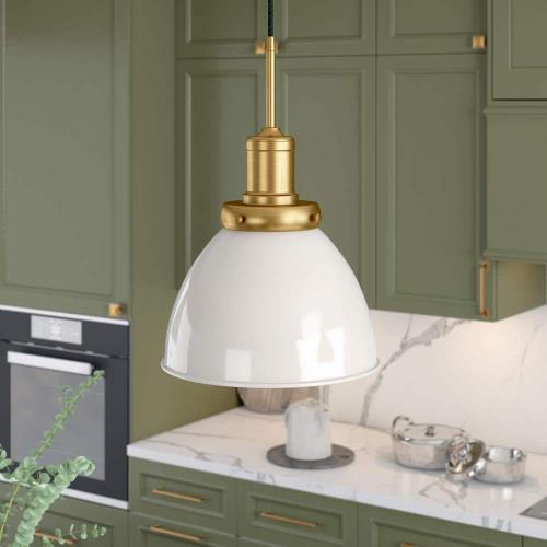 Madison 1-Light Pearled White and Brass Pendant with Metal Shade