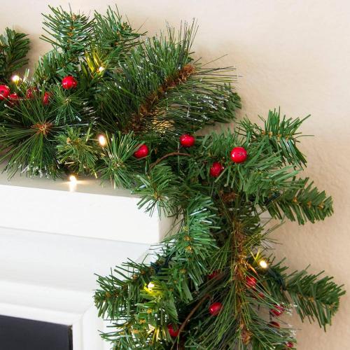 9 ft. Battery Operated Pre-Lit LED Artificial Christmas Garland with Silver Bristles, Pine Cones, Berries