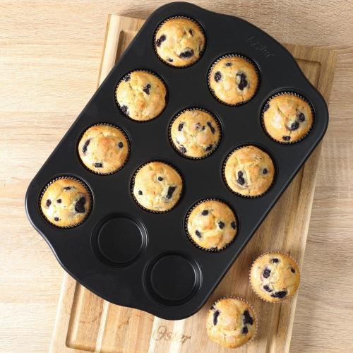 Teston Platinum Collection 12-Cup Nonstick Carbon Steel Muffin Pan in Matte Black
