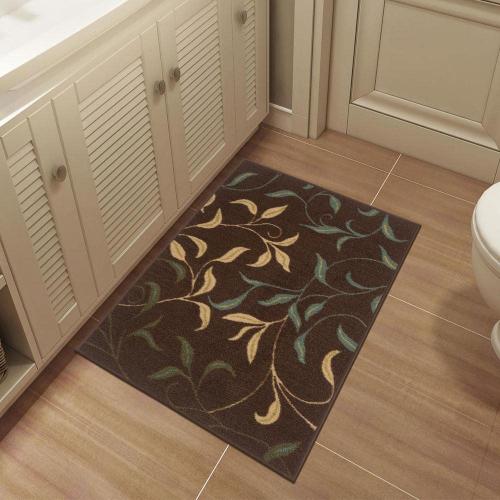 Ottohome Collection Non-Slip Rubberback Leaves Design 2x3 Indoor Entryway Mat, 2 ft. 3 in. x 3 ft., Brown