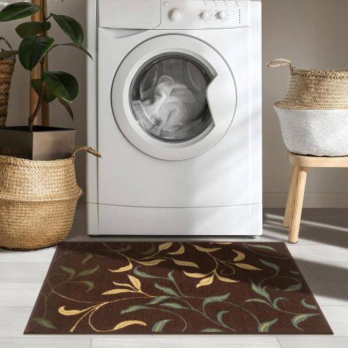Ottohome Collection Non-Slip Rubberback Leaves Design 2x3 Indoor Entryway Mat, 2 ft. 3 in. x 3 ft., Brown