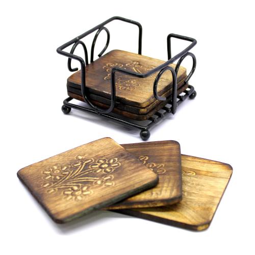 StonKraft Wooden Tea Coffee Coasters/Rustic Vintage Look Coasters Set with Wrought Iron Holder