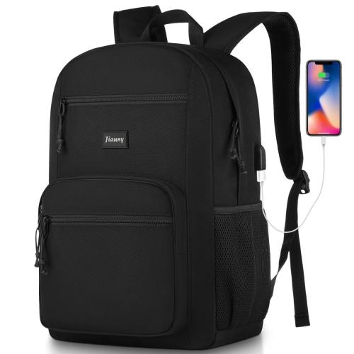 Jiauny School BackpackBookbag Lightweight Backpack Classic Scoolbag with USB Charging Port for High School Teens College Students Work Office AdultBlack