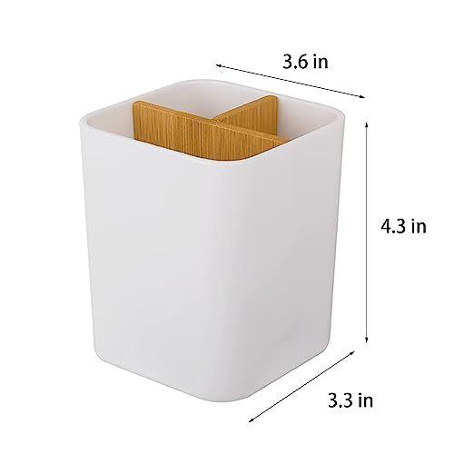 Bamboo Toothbrush Holder for Bathrooms 3 Slots Toothbrush and Toothpaste Holder Bathroom Counter Organizer for Electric Toothbrushes Floss Razors - White