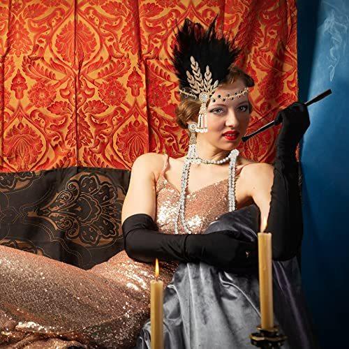 Mezchi 5 Pack 1920s Gatsby Flapper Accessories Set 20s Party Costume Headband for Women Feather Flapper Headpiece Pearl Necklace and Earrings Gloves Faux Holder