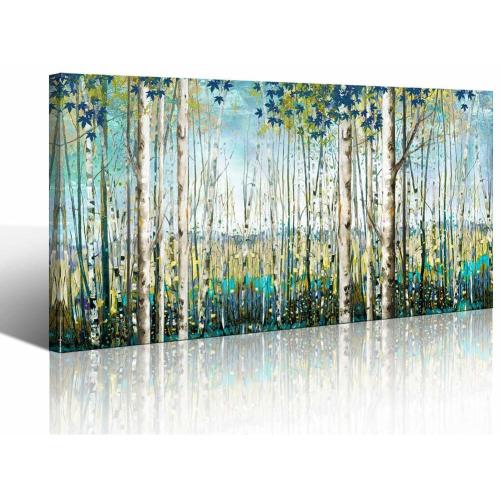 Large Wall Art Decor Green View White Birch Forest Canvas Painting Nature Plant Picture Wildlife Trees Landscape Artwork Home Living Room Bedroom Office Wall Decoration Hand-Painted Wall Art 24x48