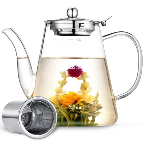 Glass Teapot Zpose 1200ml (40oz) Teapot with Removable Infuser for Loose Tea and Blooming Tea Stovetop Safe Tea Kettle Borosilicate Glass Tea Pot with Scale Line Gift Box for Tea Maker