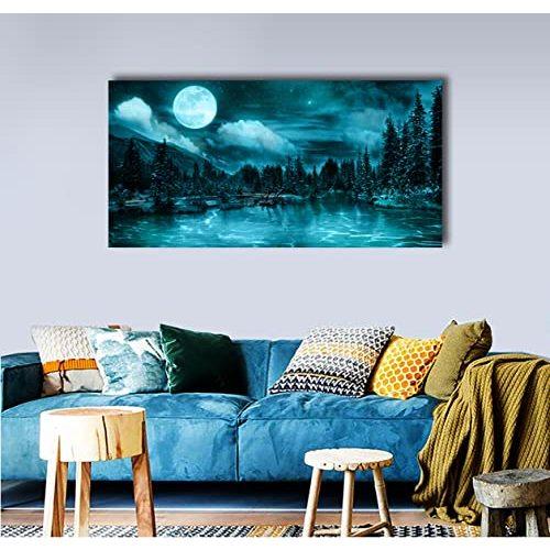 Moon Night Canvas Wall Art Forest Mountain Tree Wall Pictures Sky Starry Ocean Landscape Painting Snow Artwork Prints for Living Room Bedroom Kitchen Office Home Decor Framed Ready to Hang 20x 40