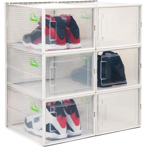 WHITE LARGE 6 pack - 14.6 Inches Long for BIG Shoes & Sneakers, Shoe Storage Organizer, Shoe Storage Boxes, Shoe Box Clear Plastic Stackable, Shoe Containers, Shoe Organizer for Closet White, Large