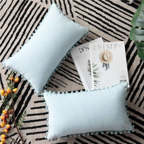 DEZENE Throw Pillow Cases 12x20 Light-Blue: 2 Pack Cozy Soft Pom-poms Velvet Rectangular Decorative Pillow Covers for Farmhouse Home Decor