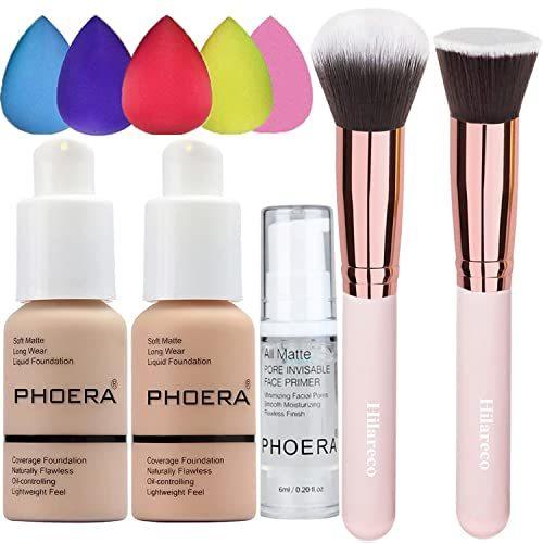 PHOERA Foundation 102 and 103 & Face PrimerLiquid Full Coverage Foundation SetFoundation Brush Powder Brush5 Makeup Sponge30ml PHOERA 24HR Matte Oil Control Concealer (102 Nude + 103 Warm peach)