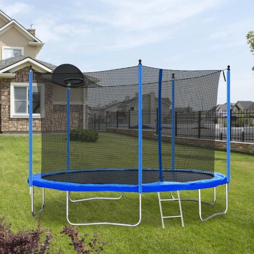 12ft Trampoline for Kids and Adults,Outdoor Trampoline with Enclosure,Basketball Hoop and Ladder,Upright-Poled Backyard Trampoline with Total Loading 1320Lbs,Birthday Gifts,Blue