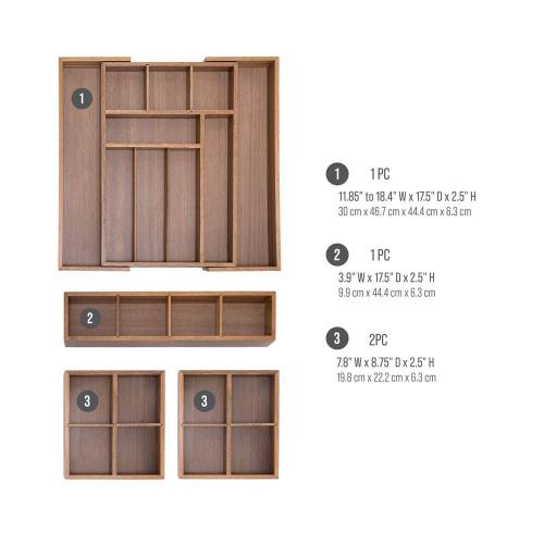 Seville Classics 4-Piece Acacia Wood Expandable Drawer Storage Organizer Box Set 11.85 in. W to 18.4 in. W x 17.5 in. D x 2.5 in. H Brown