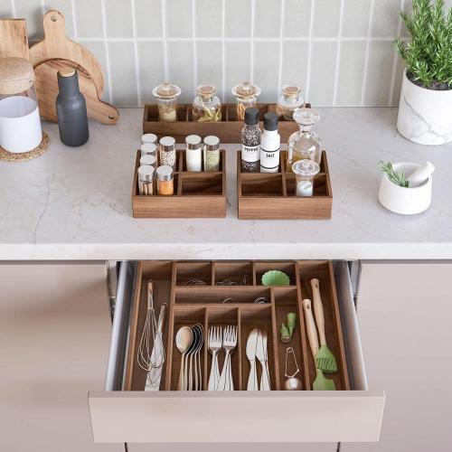 Seville Classics 4-Piece Acacia Wood Expandable Drawer Storage Organizer Box Set 11.85 in. W to 18.4 in. W x 17.5 in. D x 2.5 in. H Brown