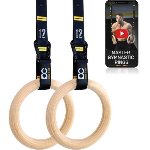 Double Circle Wood Gymnastic Rings with Quick Adjust Numbered Straps and Exercise Videos Guide - Full Body Workout - Calisthenics - Home Gym (Rings & Straps - Extra Long)