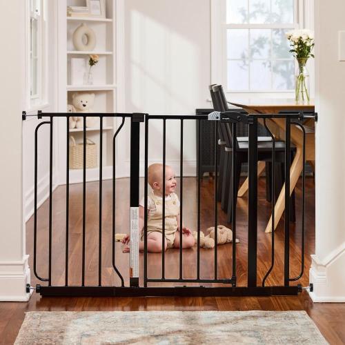 30 in. Tall Black Easy Step Extra Wide Metal Walk-Through Gate, Comes with a 4  and 12 Extension