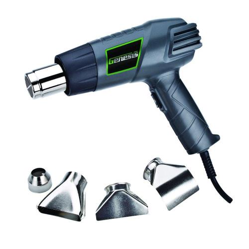 Grey 12.5-Amp Dual-Temperature Heat Gun with High/Low Settings and Air Reduction, Reflector, and 2 Deflector Nozzles