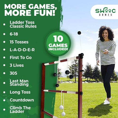 Wooden Ladder Ball Game Set (Weather Resistant) 10 Games Included and Carrying Case Easy to Assemble Ladder Toss