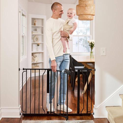 30 in. Tall Black Easy Step Extra Wide Metal Walk-Through Gate, Comes with a 4  and 12 Extension