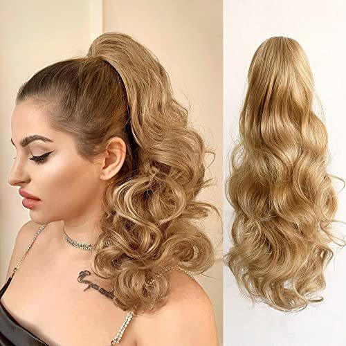 StrRid Pony Tail Extensions Wavy Claw Clip Ponytail Extension 16 Long Natural Fake Ponytails Synthetic Fluffy Curly Clips in Hair Pieces for Black Women Party Daily Use 6 Oz Brown Mix Blonde