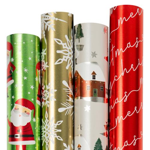 JAMPaper Assorted Gift Wrap - Christmas Foil Wrapping Paper - 100 Sq Ft Total - Elegant Merry Christmas Reindeer Set - 4 Rolls/Pack