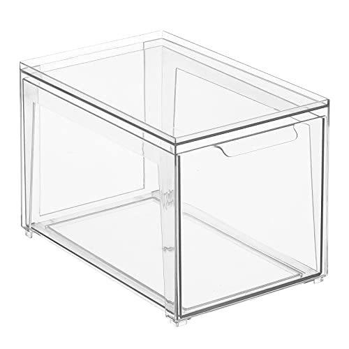 mDesign Plastic Stackable Kitchen Storage Organizer Bins with Pull Out Drawer for Cabinet Pantry Fridge Freezer Shelf Refrigerator Organization - Lumiere Collection - Clear