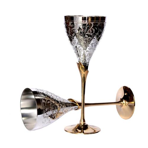 StonKraft eSplanade Engraved Brass Goblet Champagne Glasses Flutes Coupes Wine Glass Set (Thick) - Silver Polished