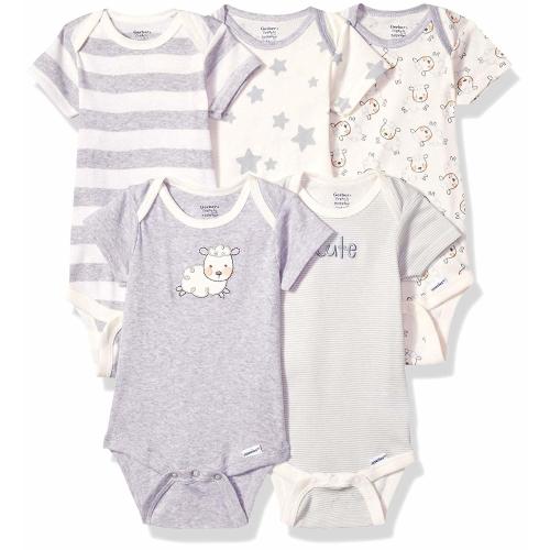 Gerber Baby 5-Pack or 15 Multi Size Organic Short Sleeve Onesies Bodysuits, Sheep, 0-3 Months