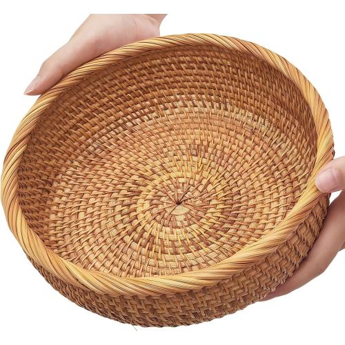 9.2 Medium Round Rattan Wicker Bread Basket, Natural Fruit Basket for Kitchen Counter, Hand Woven Food Baskets, Artisanal Bread Baskets for Serving, Fruit, Vegetable, Snack, key, Etc.