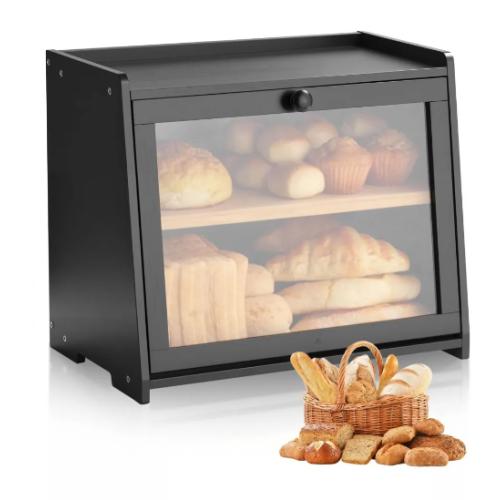VEVOR Double Layer Bread Box for Kitchen Counter, Large Capacity Bamboo Bread Storage Container Black