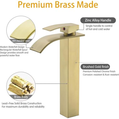 Tall Bathroom Vessel Faucet Champagne Brushed Gold, Waterfall
