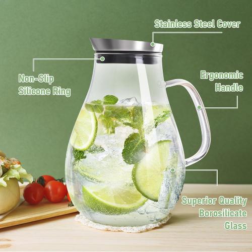 SUSTEAS 2 Liter 68oz Glass Pitcher with Lid and Handle, Borosilicate