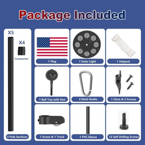 Upgraded 10 Gauge 20FT Heavy Duty Flag Pole Kit with 136 LED Solar Light, Extra Thick Flagpole for Outside House in Ground, Bottom 3 mm Thick & Width 3.35 in, 120MPH Wind Rated
