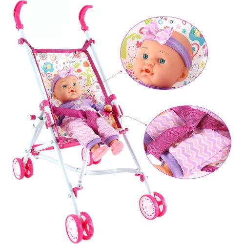 deAO Baby Doll Stroller Nursery Pretend Play Toy Set with Play Mat,Doll Bed