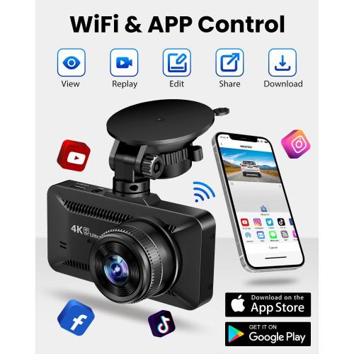 Dash Cam Front and Rear 4K/1080P, Dash Camera for Cars Build in WiFi, Full HD Dash Cam with APP Control, 3.94'' IPS Screen Dash Camera with 32GB SD Card, G-Sensor, 24Hr Parking Mote, Loop Recording