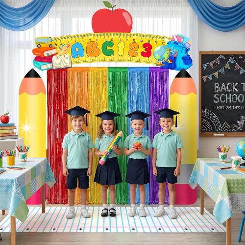 6 Pcs Back to School Door Porch Banner with Rainbow Foil Fringe Curtain First Day of School Classroom Decor ABC Pencil Photo Booth Backdrop Kindergarten Preschool Welcome Back to School Party Supplies