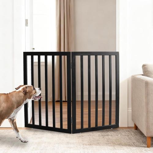 ZJSF Freestanding Indoor Dog Gate for House Foldable Wood Black Puppy Gate for Doorways Pet Gate for Stairs Extra Wide Pet Fence 32 Height 2 Panels