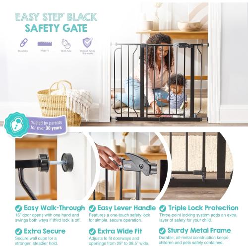 Regalo Safety 29-38.5 Baby Gate for Doorways & Bottom of Stairs, Pressure Mounted Baby Gate with Door for Babies, Toddlers & Pets, Tested & Safe for 30 Years, American Designed, American Owned, Black