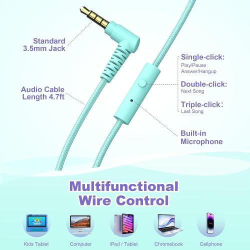 AILIHEN I35 Kids Headphones for School with Mic, 93dB Volume, Green Purple